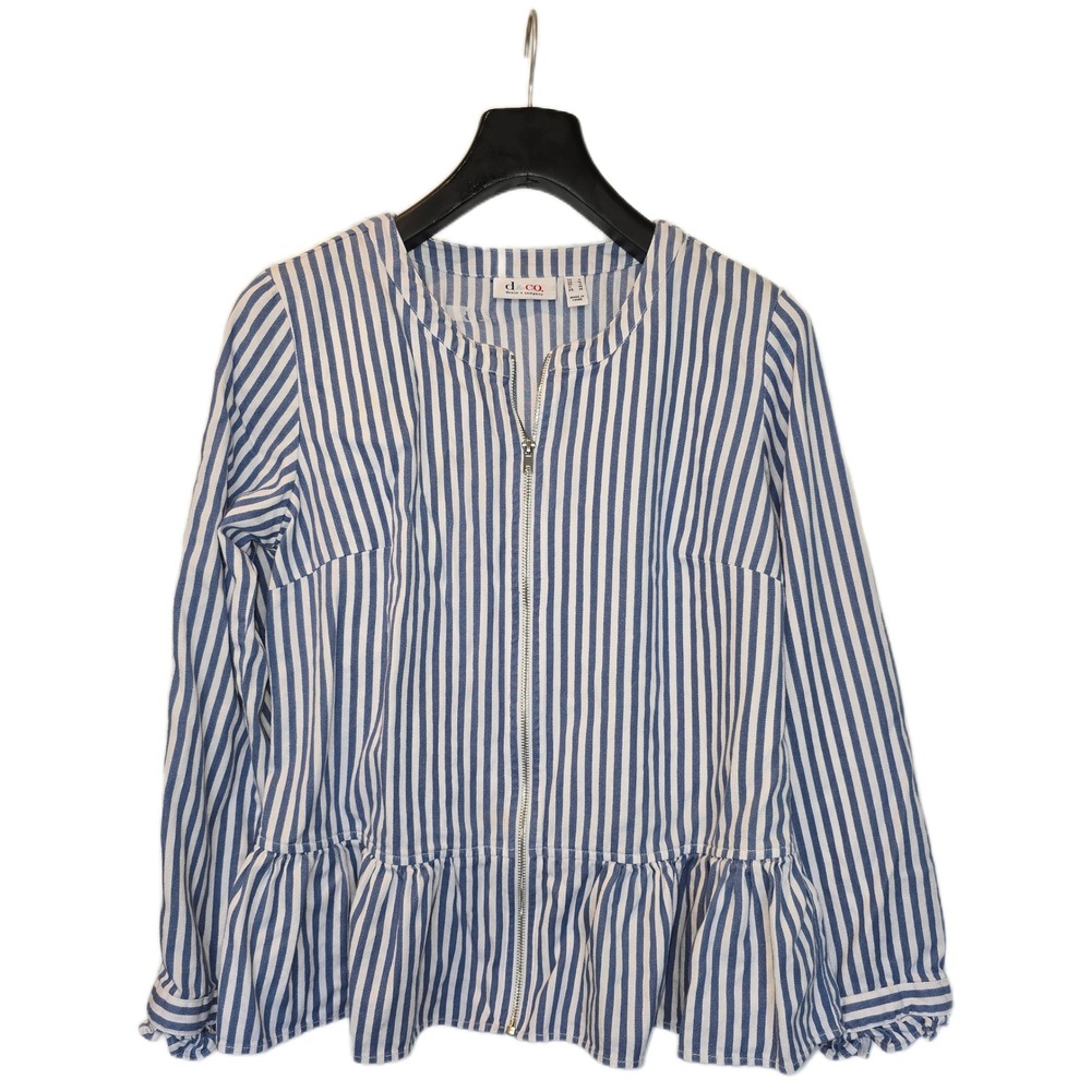 Denim & Co Blue White Striped Zip Front Peplum Top jacket Sz S Women Ruffle Cuff